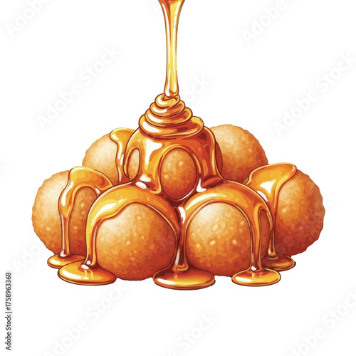 Delicious spherical fried dough balls generously drizzled with golden honey, a sweet and satisfying treat