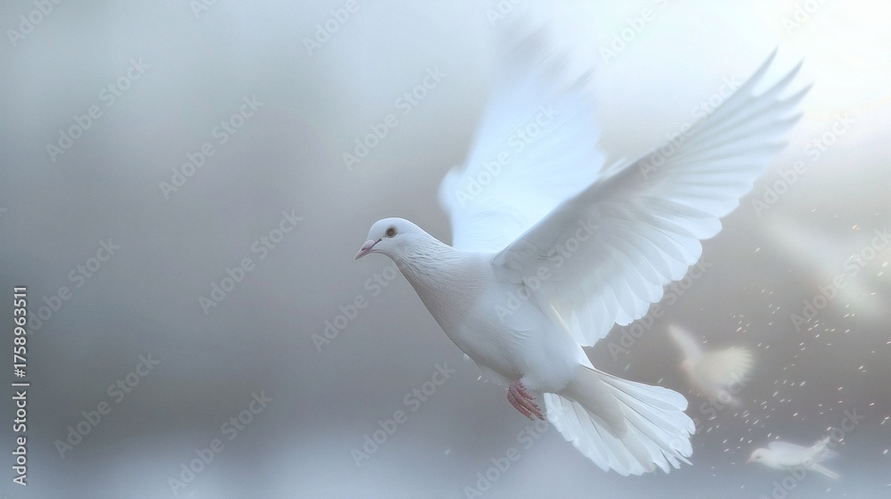 Fototapeta premium White dove in flight, wings spread wide, soft light background
