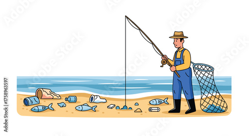 Fisherman sadly fishing on polluted beach with plastic waste and dead fish, symbolizing environmental concerns and ocean pollution, a call for marine conservation