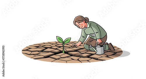 Hopeful woman waters tiny plant growing from cracked earth, showing resilience and determination to nurture new life in challenging environmental conditions
