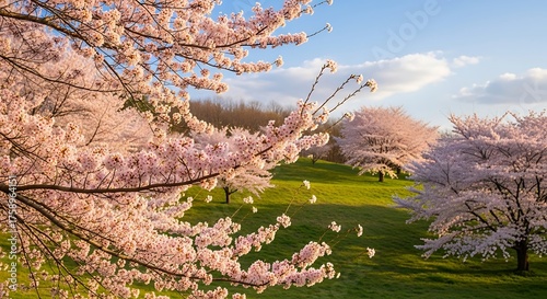 Lush cherry blossoms in full bloom, adorn a gentle landscape of rolling hills and green fields, bathed in soft sunlight.