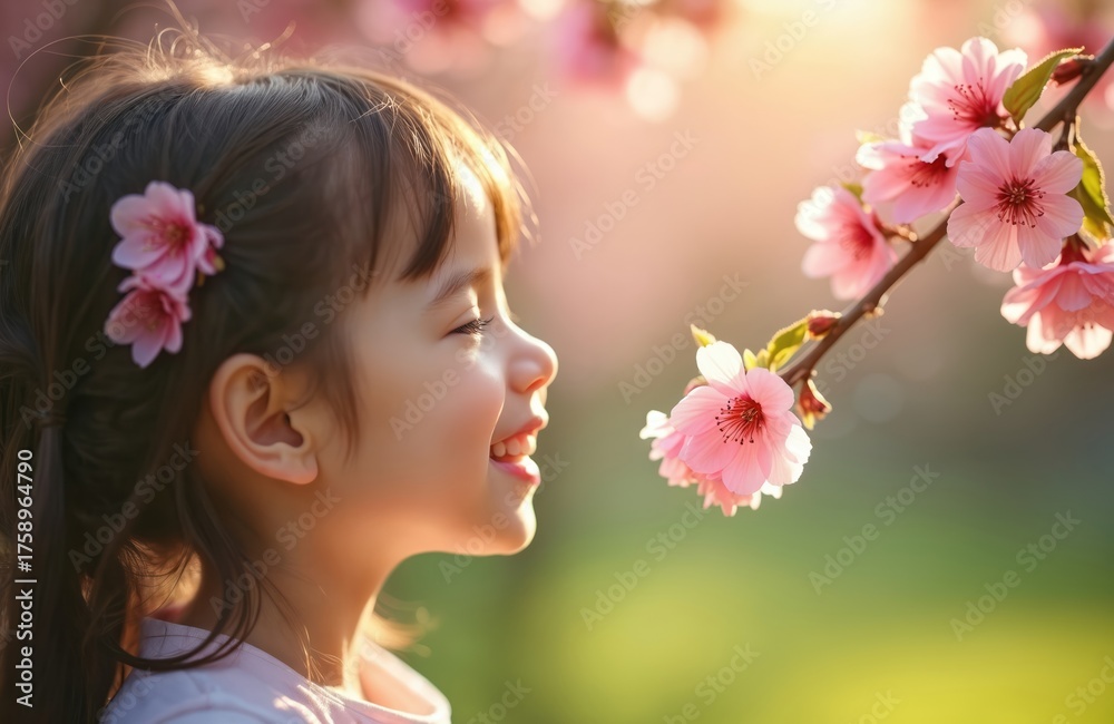 Fototapeta premium Young girl enjoys spring blossoms outdoors. Portrait of child smelling pink cherry flowers. Smiling kid admires sakura blooms. Happy face close to tree branch with sunlight.