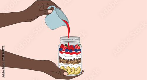 Pouring delicious berry sauce over a healthy breakfast parfait layered with fruit, granola, and yogurt in a mason jar for a vibrant, nutritious start