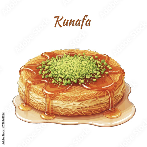 Delicious Kunafa pastry drizzled with honey and topped with pistachios on a plate, a sweet dessert illustration