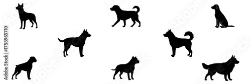 Shadow Pups' Chorus: A collection of various silhouette of domestic canine, showcasing different poses, set against a pristine backdrop.