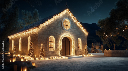 Small church beautifully decorated with Christmas lights at night