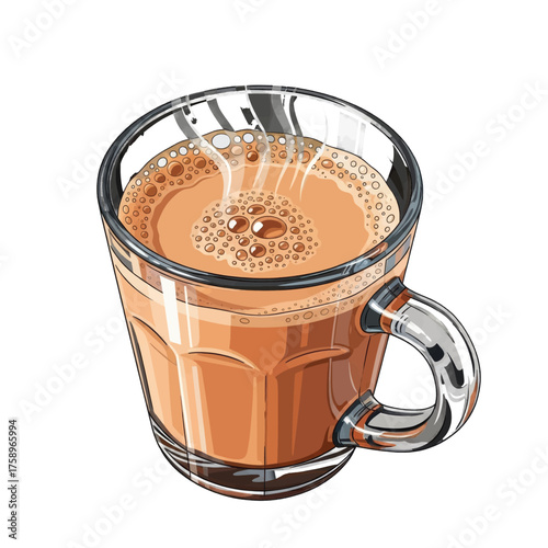 Steaming hot cup of milky tea in a clear glass mug with a handle