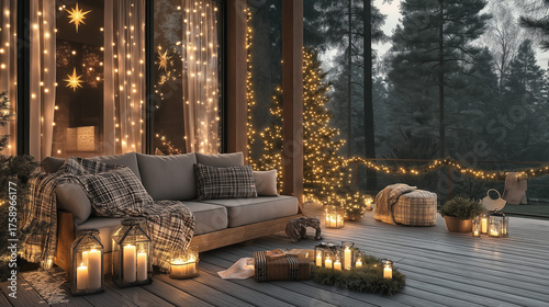 Cozy winter patio decorated with string lights and candles