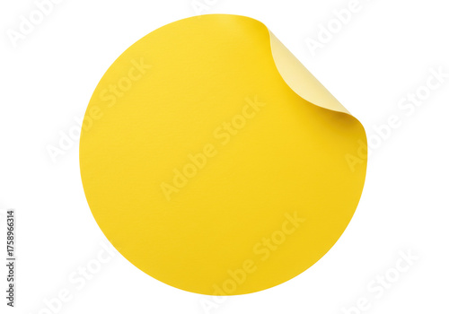 Bright yellow round sticker with curled corner isolated PNG, adhesive label for branding and product packaging on transparent background
