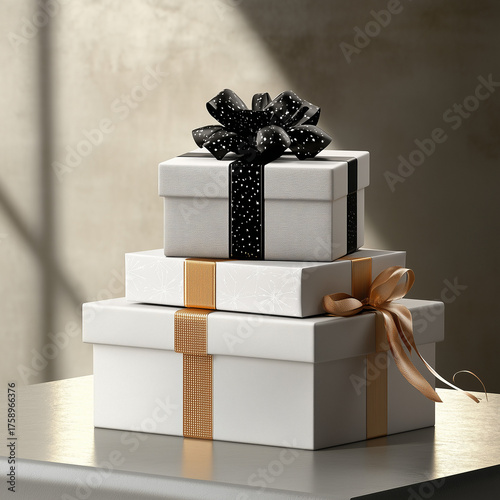 Stack of elegant gift boxes with black and gold ribbons