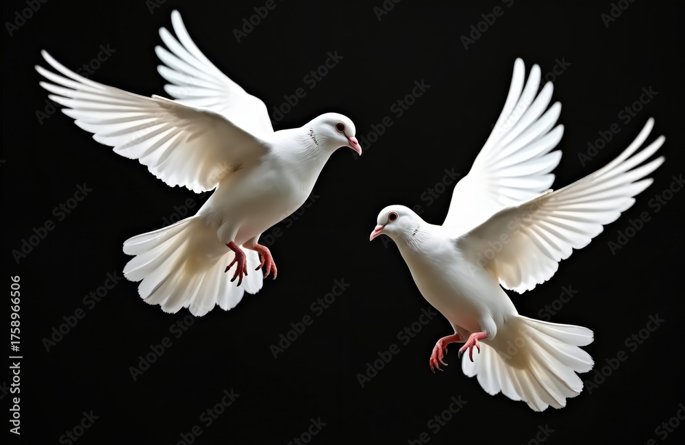Obraz premium Two white doves flying in the air. Birds have white feathers, pink beaks and legs. Doves are on black background, wings spread wide. They look like they are in mid flight, moving in same direction.