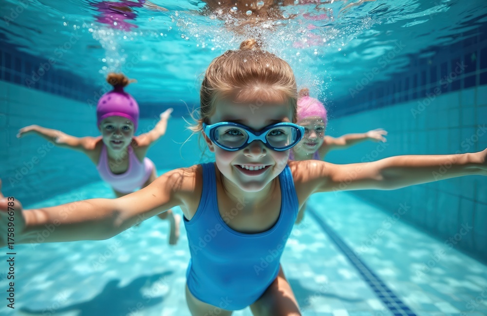 Fototapeta premium Three cheerful kids swim underwater in a bright blue pool. A girl in goggles smiles forward reaching out as her friends follow behind her. Children enjoy summer vacation playing in clear water.