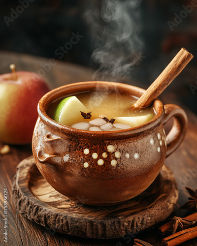 Hot Mexican ponche drink in clay mug with cinnamon and fruit