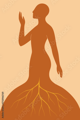 Woman silhouette with root motif symbolizing grounding and body acceptance