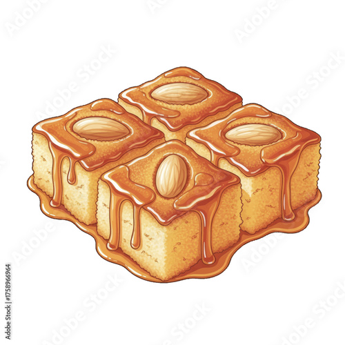 Sweet Baklava Squares Topped with Almonds and Golden Syrup, a Delicious Dessert Illustration