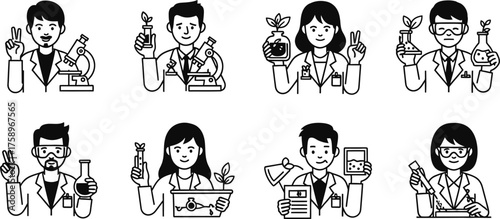 Diverse group of scientists and researchers in lab coats conducting experiments and holding scientific equipment