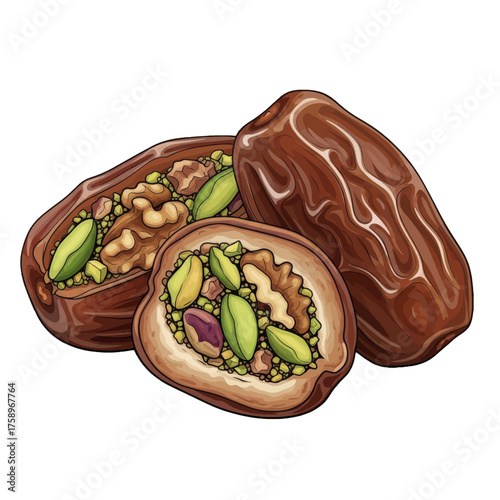 Dates stuffed with nuts and pistachios, a sweet and healthy snack illustration