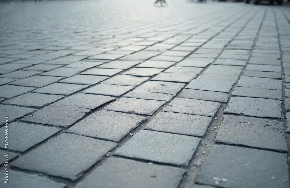 Fototapeta premium Gray cobblestone pavement in city street. Pedestrian walkway with stone tiles. Urban surface with brick texture. City architecture detail with paved road. Grey stone blocks on sidewalk.