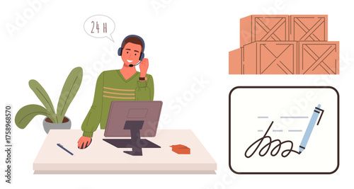 Customer service agent with headset at desk, surrounded by shipping crates and signature icon. Ideal for delivery, logistics, communication, teamwork, professionalism, support, simple flat metaphor