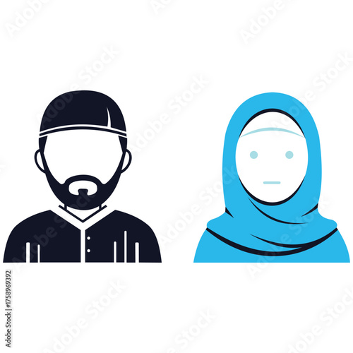 Creative design vector art of muslim couple icon, man wearing kufi and woman wearing hijab