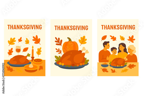Thanksgiving flat icon set. featuring turkey, family, pumpkin, pie, leaves, meal, and celebration symbols