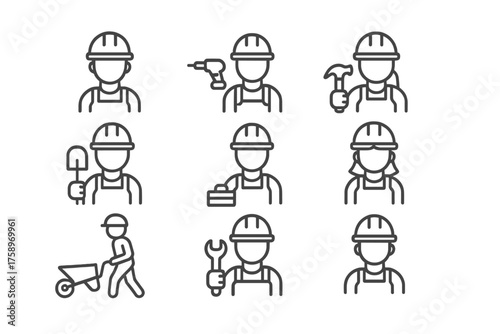 Construction professionals linear icon set. featuring engineer, drill, hammer, shovel, toolbox, worker, wheelbarrow, wrench symbols