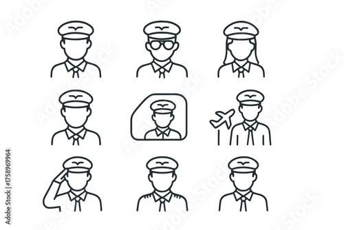 Aviation crew linear icon set. featuring pilot, captain, flight attendant, co-pilot, uniform, and salute symbols