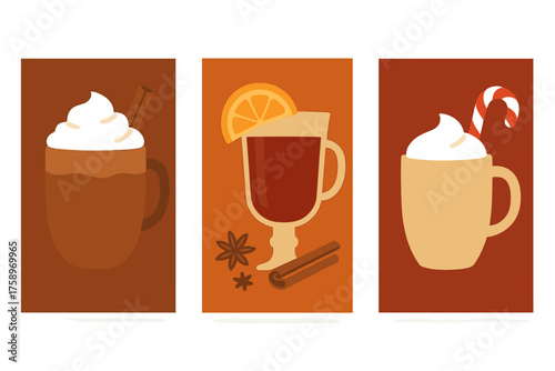 Warm beverages flat icon set. featuring hot chocolate, mulled wine, and cappuccino symbols