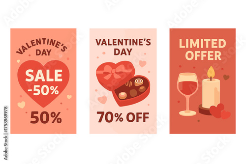 Valentine's day flat icon set. featuring heart, chocolate, gift, candle, sale, love, and romance symbols