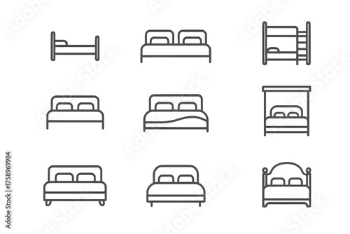 Bedroom furniture linear icons set. featuring single bed, double bed, bunk bed, canopy bed, and headboard designs