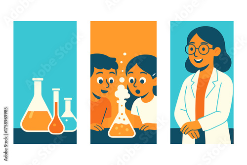 Science education flat icon set. featuring teacher, students, experiment, beaker, chemistry, and flask symbols