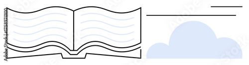 Open book with wavy lines resembling text and a light blue cloud beside it. Ideal for education, literature, storytelling, imagination, creativity, reading, cloud-based learning. Simple flat metaphor
