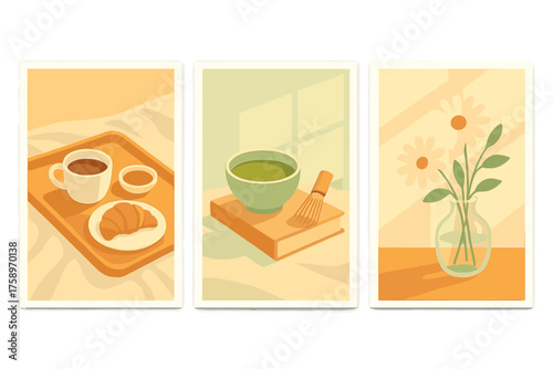 Breakfast and nature silhouette icon set. featuring coffee, tea, croissant, book, and vase symbols