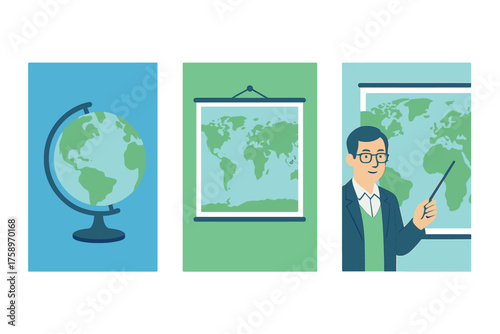 Geography education flat icon set. featuring globe, map, teacher symbols
