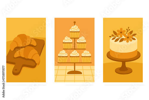 Bakery silhouette icon set. featuring croissant, cupcake, and cake symbols