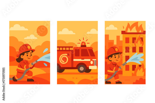 Firefighting flat icon set. featuring fireman, fire truck, burning building, hose, and flames symbols