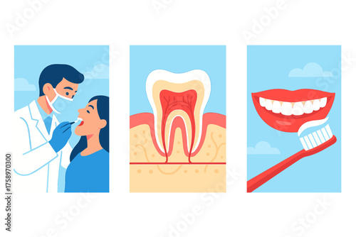Dental care flat icons set. featuring dentist, tooth anatomy, brushing teeth symbols