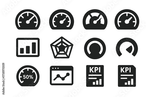 Performance metrics silhouette icon set. featuring speed gauge, chart, kpi, and analytics symbols
