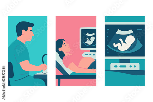 Pregnancy and ultrasound flat icon set. featuring doctor, expectant mother, and baby monitor symbols