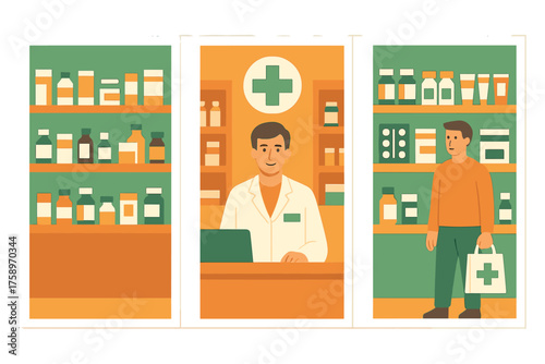 Pharmacy flat icon set. featuring pharmacist, medication, shelves, doctor, and customer symbols