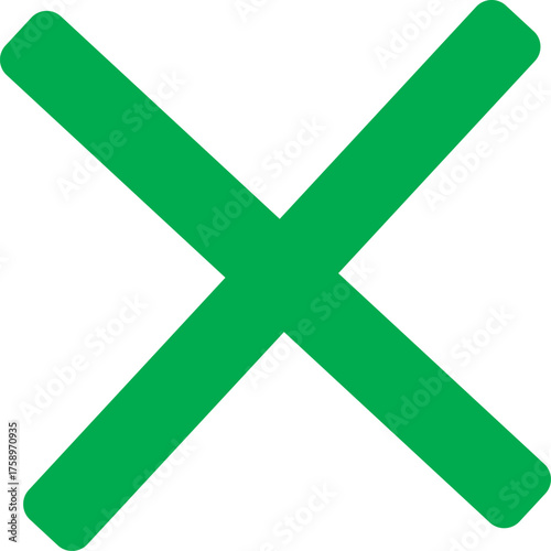 Green cross mark symbol, simple shape graphic element for negation rejection or incorrect answer, isolated on white background