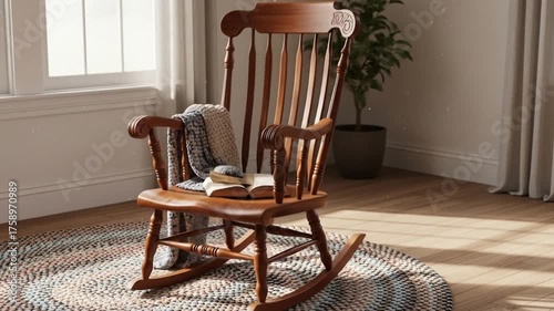 Wooden rocking chair with a cozy blanket and book