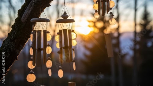 Wooden wind chimes at sunset