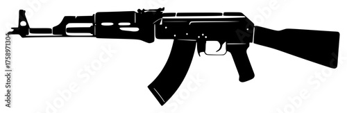a black silhouette of a ak47 on a white background, black, drawing, gun, silhouette 
