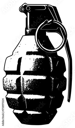 a black silhouette of a grenade on a white background, art, black, bomb, drawing 