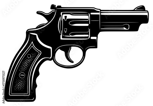 a black silhouette of a revolver on a white background, black, drawing, gun, picture, silhouette 