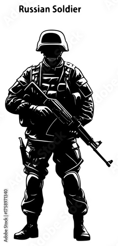 a black silhouette of a russian soldier on a white background, black, drawing, gun, silhouette, soldier 