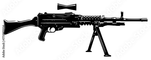 a black silhouette of a machine gun on a white background, black, drawing, gun, picture, silhouette 