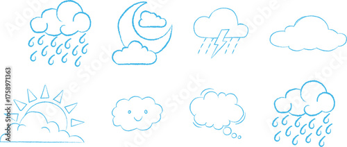 Collection of simple line art weather icons depicting rain clouds and stormy weather conditions