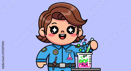 Cartoon chemist in a lab coat mixing colorful chemicals happily